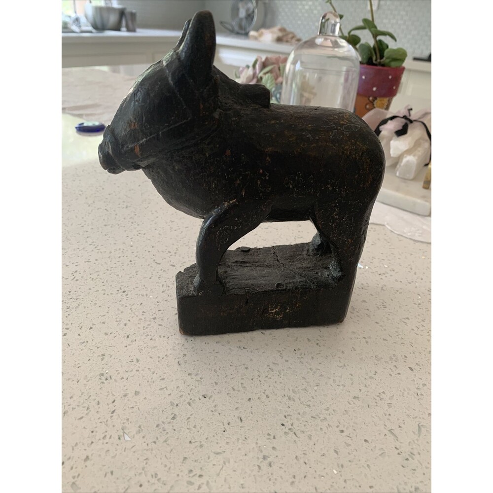 Bull Vintage Mid Century Hand CARVED With Single WOOD, SCULPTURE Brings Luck